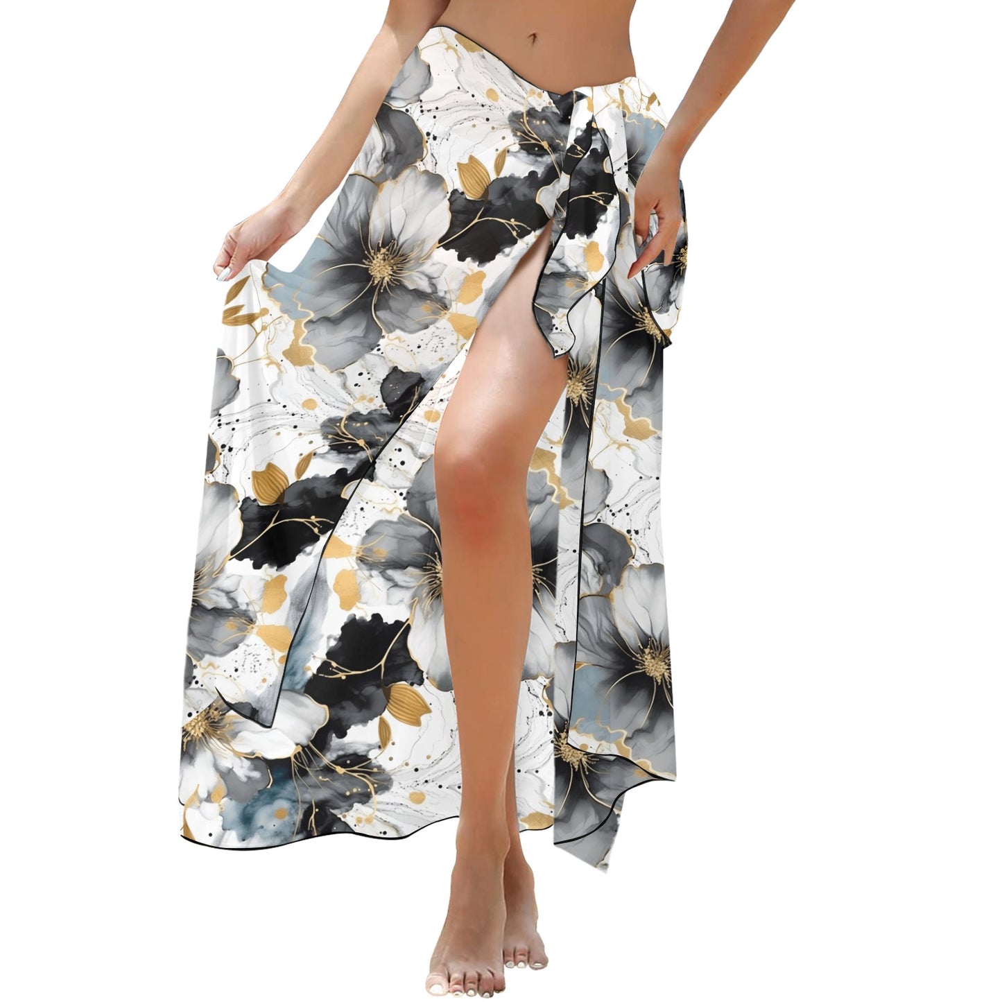 Black White and Gold Long Beach Sarong Wrap