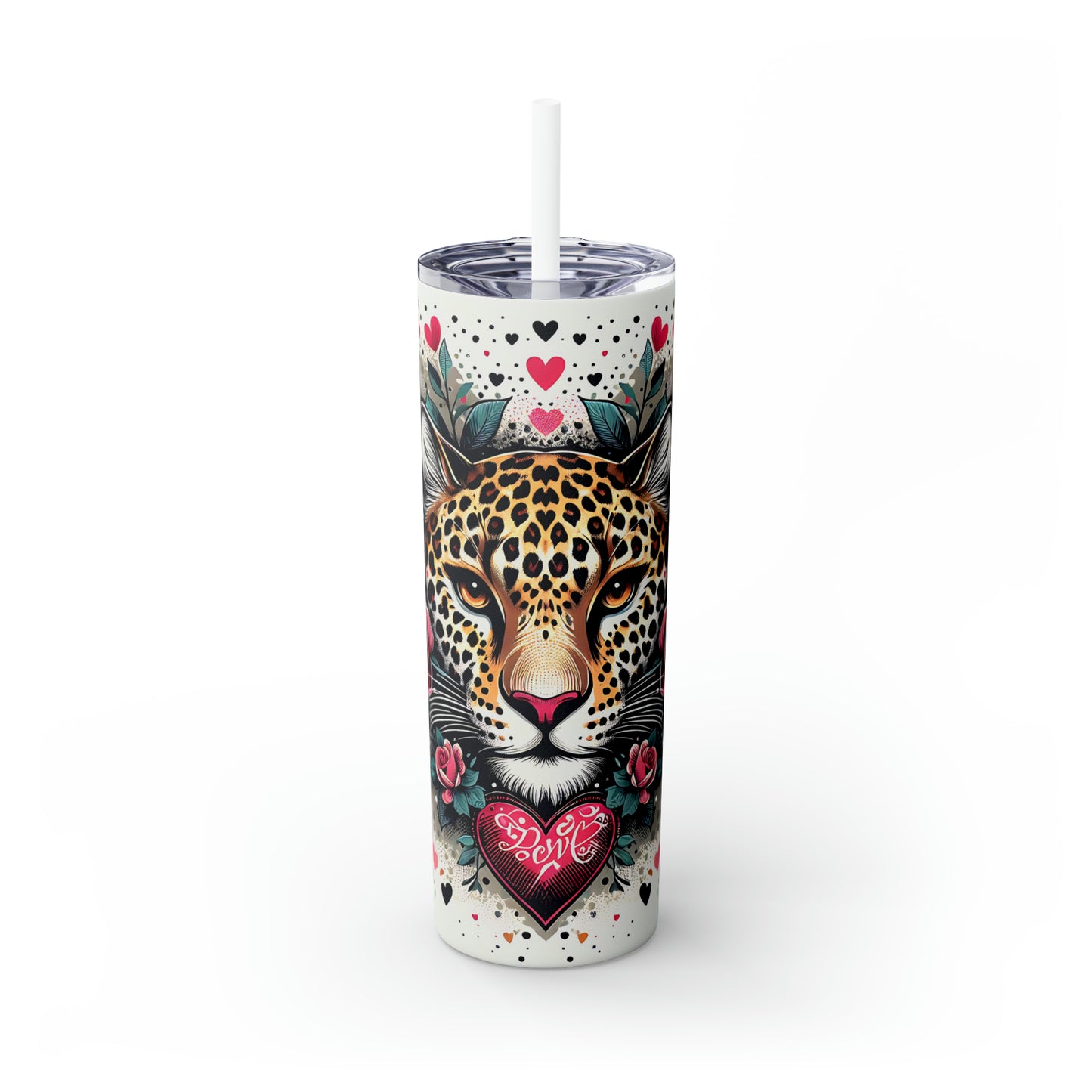 Skinny Tumbler with Straw, 20oz, Heart Leopard, awd-422