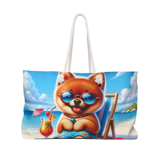 Personalised/Non-Personalised Weekender Bag, Summer Beach Dog, Pomeranian, Large Weekender Bag, Beach Bag, Book Bag