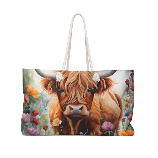 Personalised/Non-Personalised Weekender Bag, Highland Cow, Large Weekender Bag, Beach Bag, Book Bag