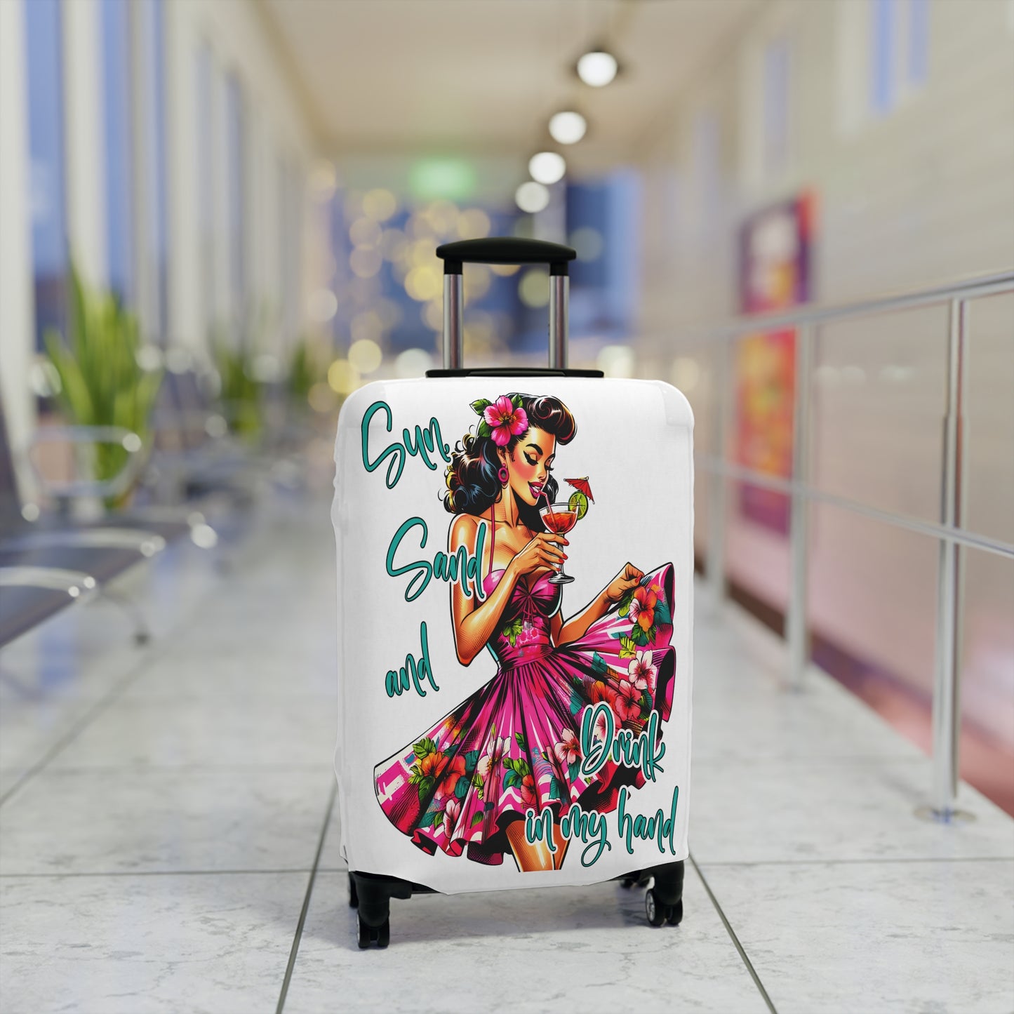 Luggage Cover, Retro Girl, Sun Sand and Drink in Hand, awd-3012