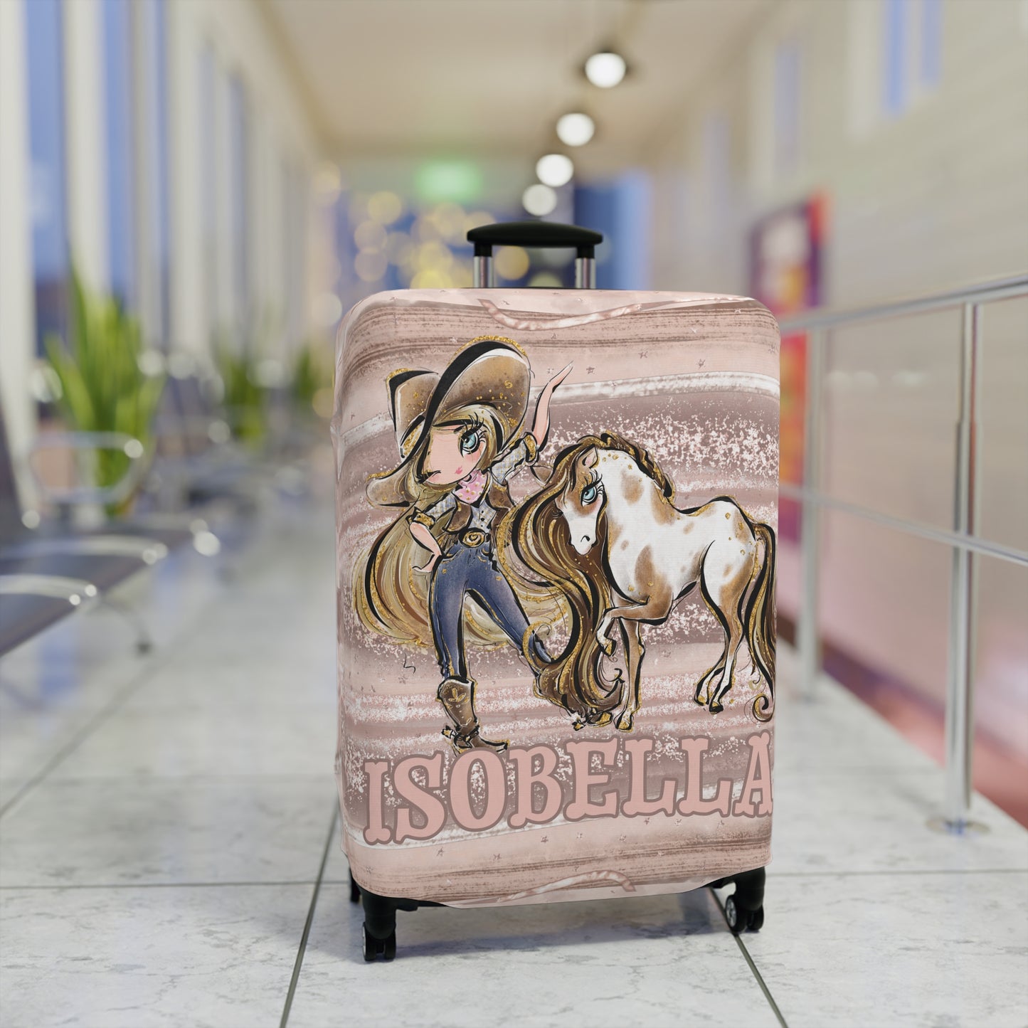 Luggage Cover, Howdy Cowgirl and Horse, Blonde Hair Blue Eyes