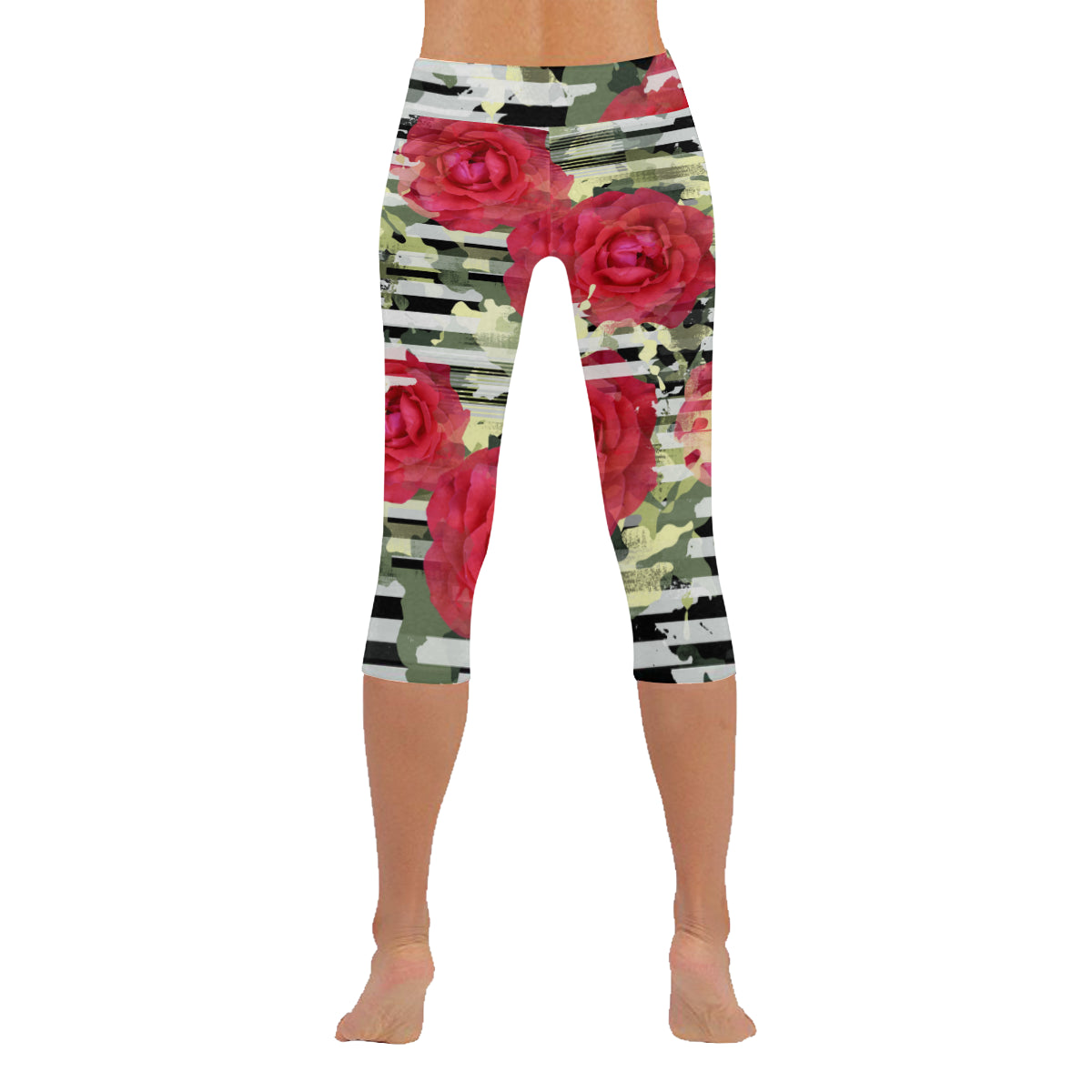 Seamless Pattern Floral Camouflage Striped Women's Low Rise Capri Leggings (Invisible Stitch)