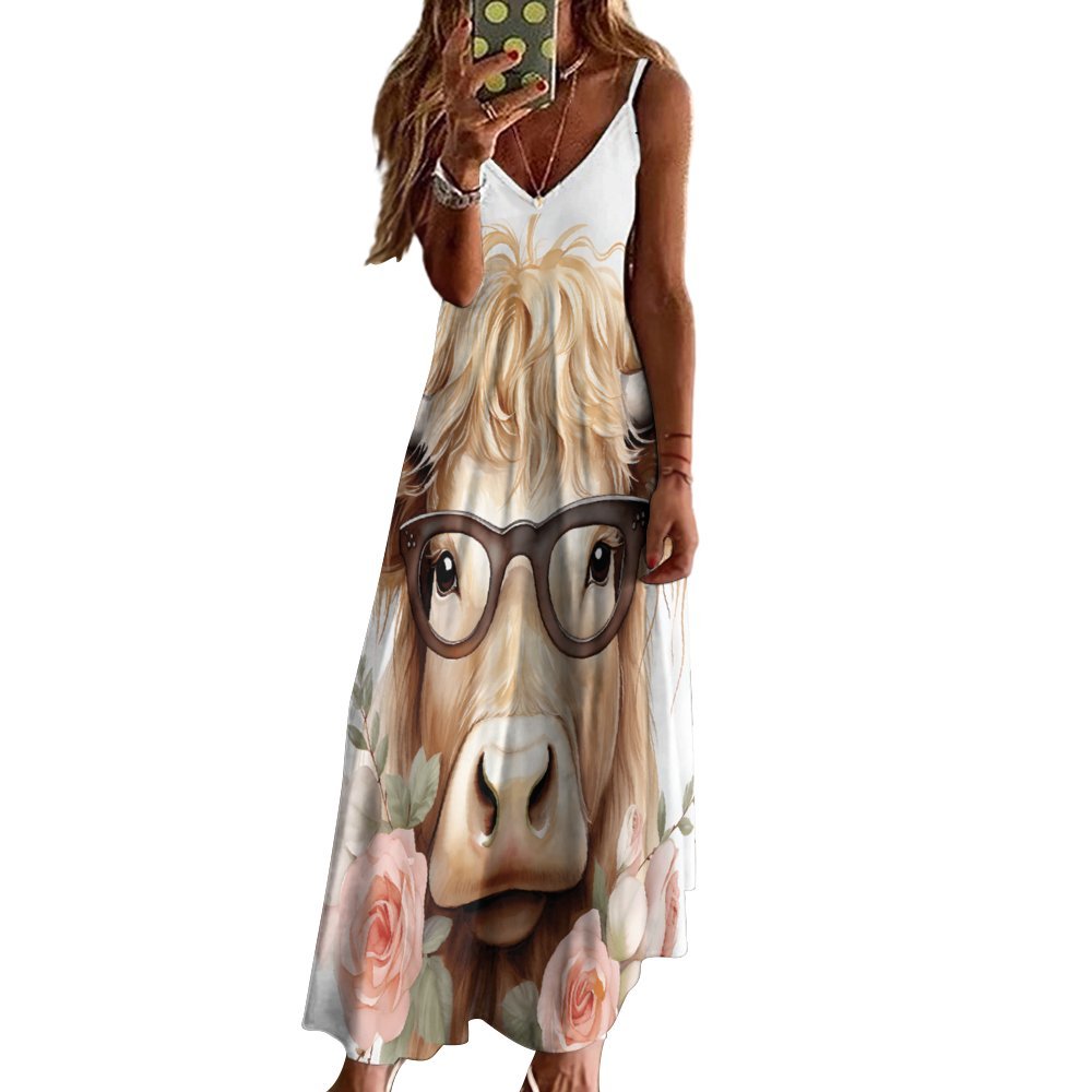 Highland Cow Spaghetti Strap Ankle-Length Dress Long dress