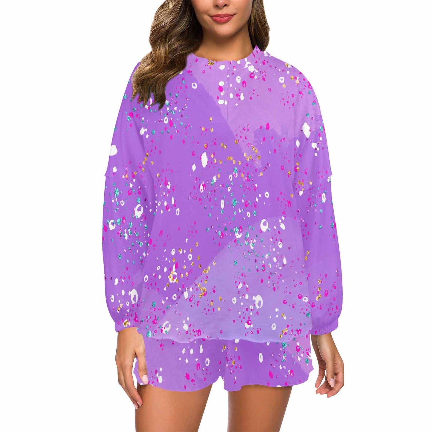 Purple Splash  Women's Long Sleeve Pajama Set with Shorts