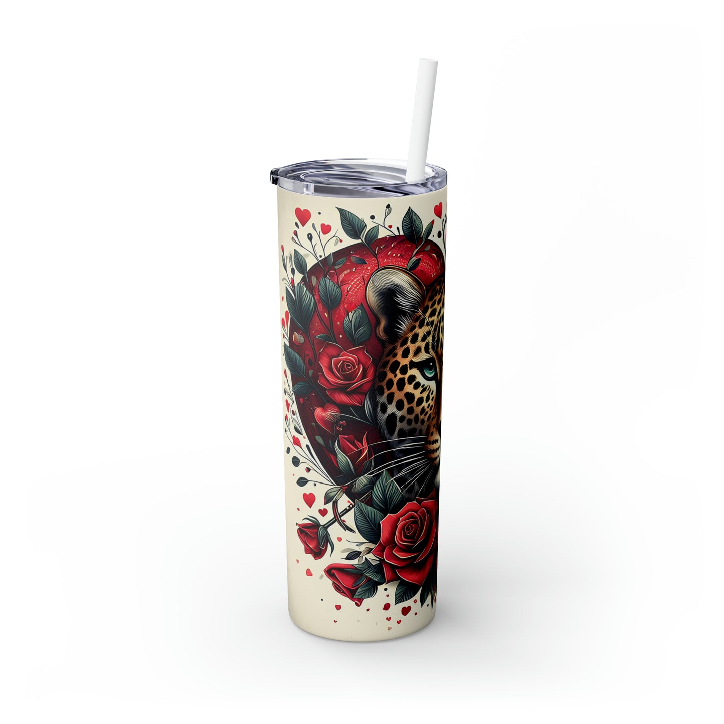 Skinny Tumbler with Straw, 20oz, Heart Leopard, awd-430