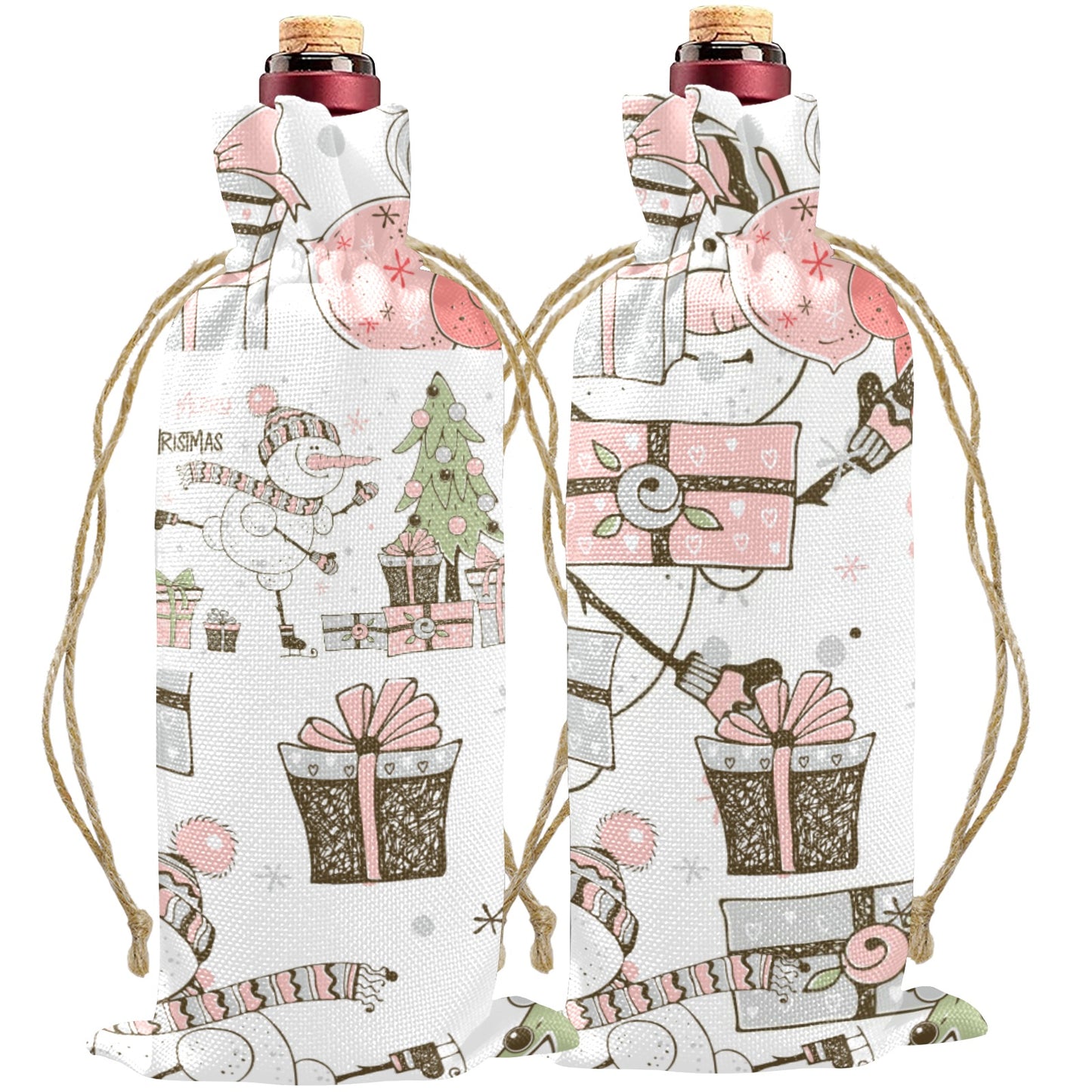 whimsical snowmen Linen Wine Bottle Bag