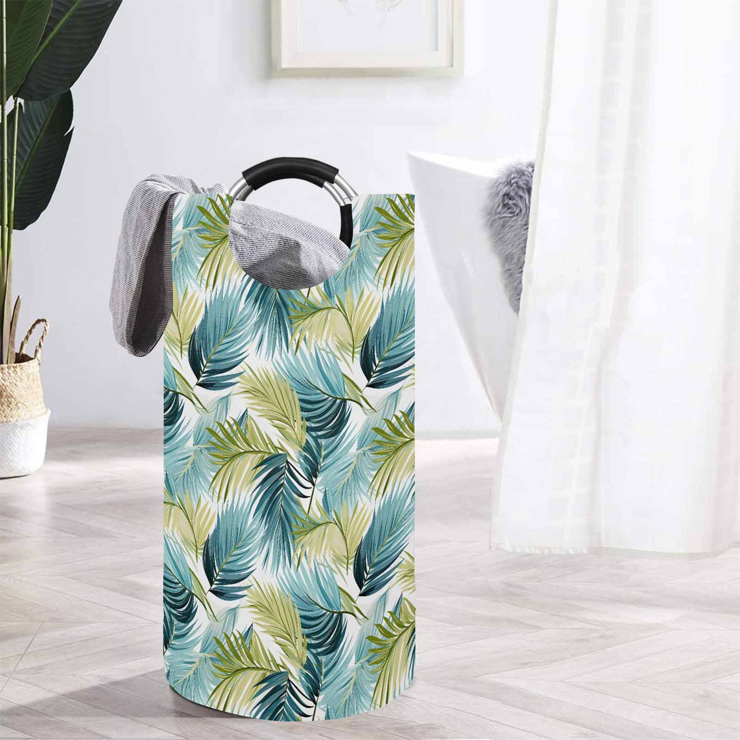 Palm Leaves Blue Greeen  Round Laundry Basket