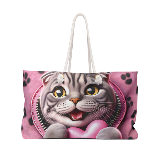 Personalised/Non-Personalised Weekender Bag, Cute Cat, Zipper, Valentines Day, Large Weekender Bag, Beach Bag, Book Bag