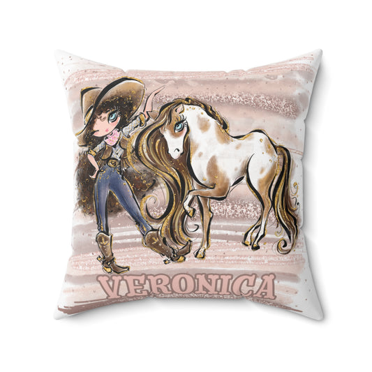 Personalised Cowgirl and Horse Cushion,  Brown Curly Hair, Blue Eyes, Polyester Square Cushion, Christmas cushion