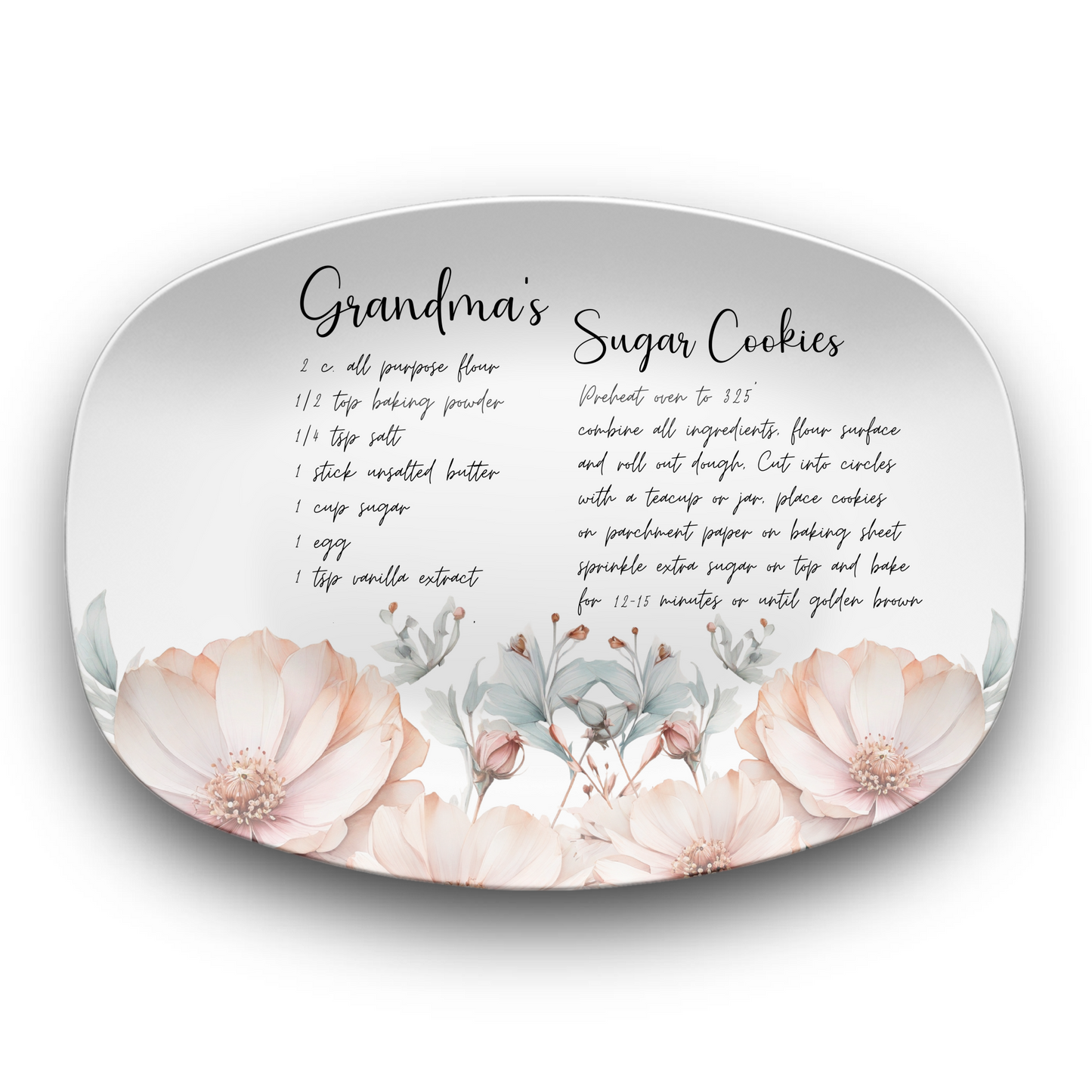 Personalised Teal & Rose Wildflowers Handwritten Family Recipe Heirloom Plate/Platter