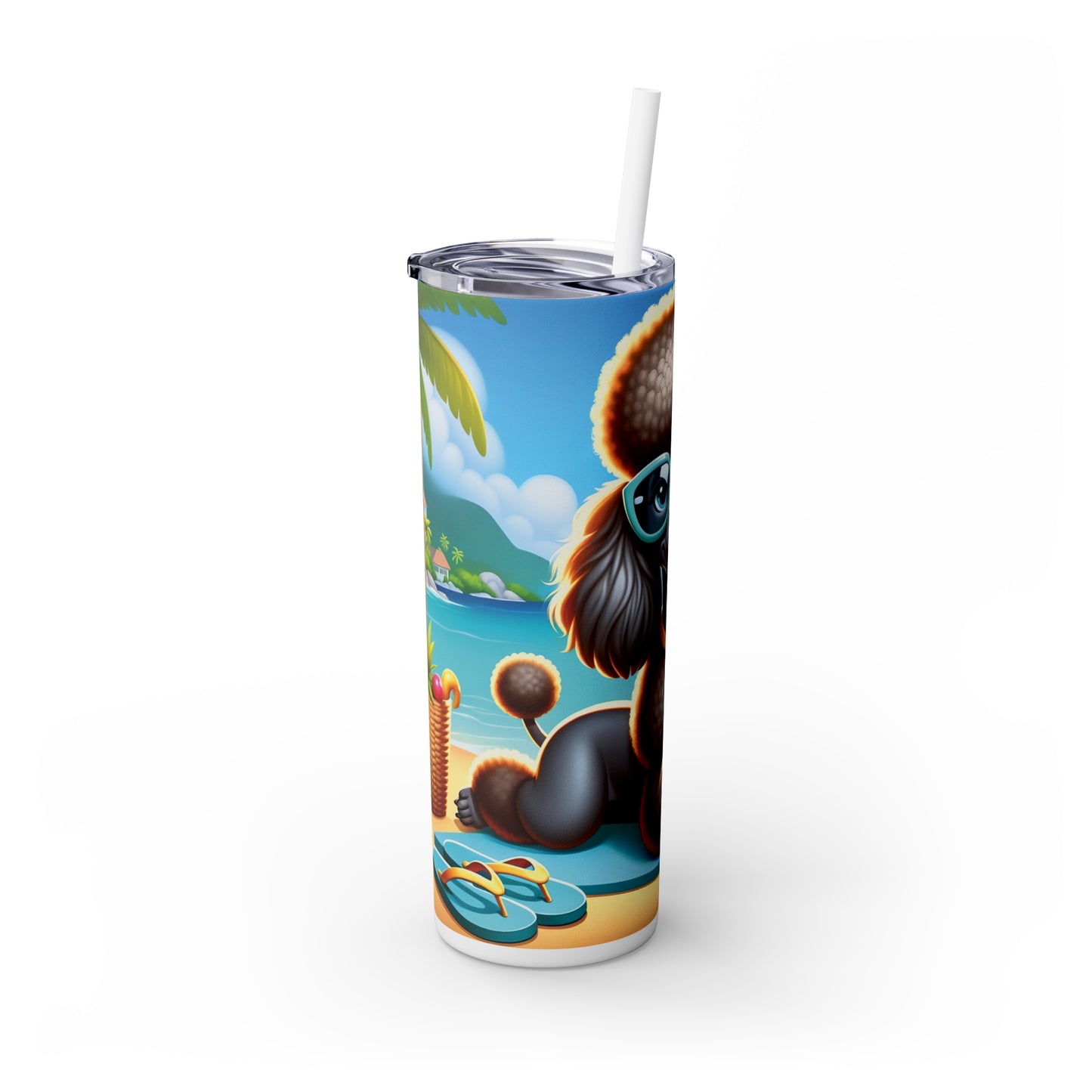 Skinny Tumbler with Straw, 20oz, Dog on Beach,  Black Poodle, awd-1345