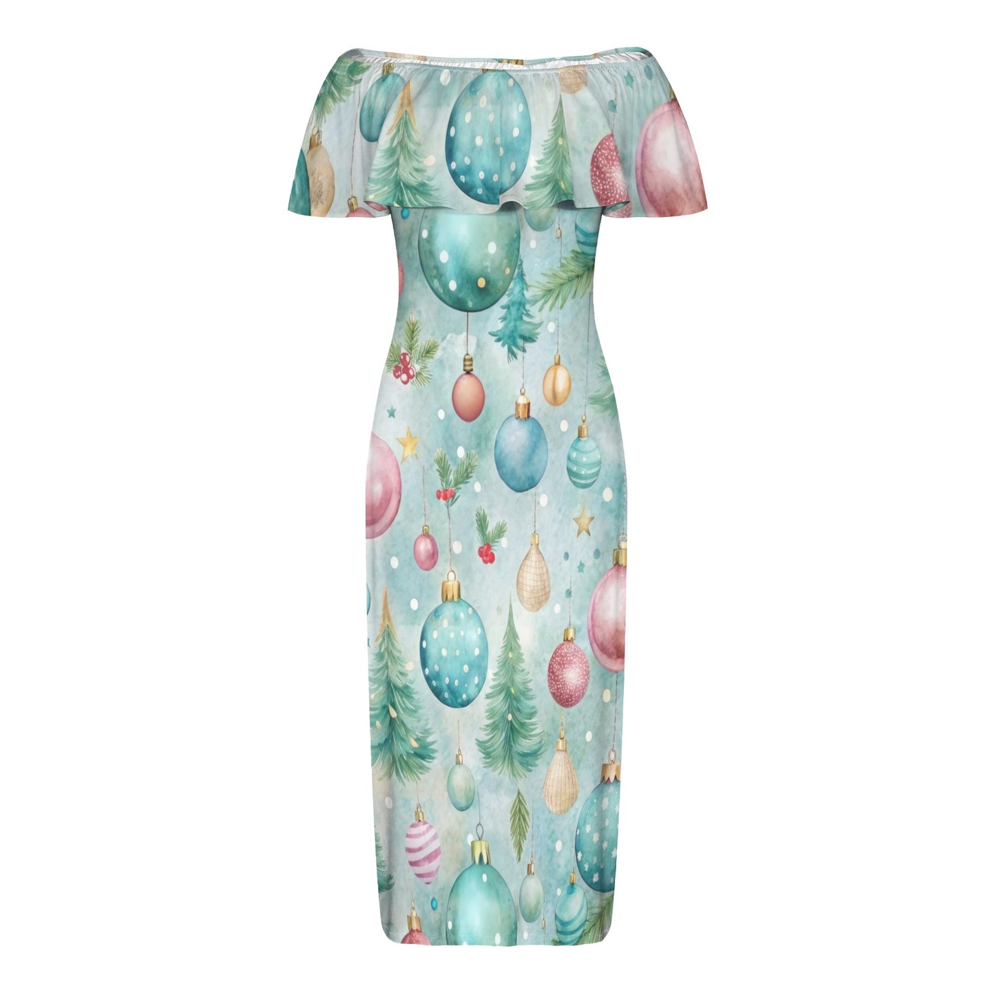 Mint Christmas Women's Off Shoulder Ruffle Boat Neck Dress (Model D71)