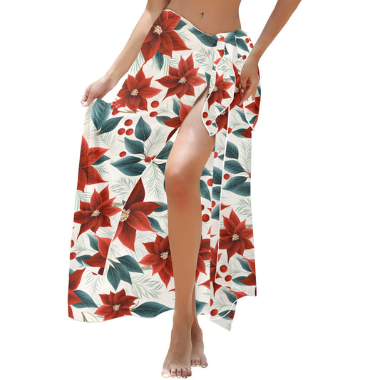 Christmas Red Poinsettia Long Beach Sarong Wrap