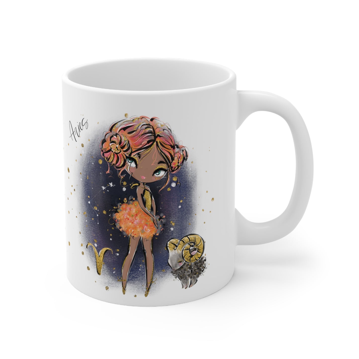 Personalised/Non Personalised Zodiac Sign, Aries, Ceramic Mug 11oz Red Hair - Olive Skin - Blue Eyes - Bg