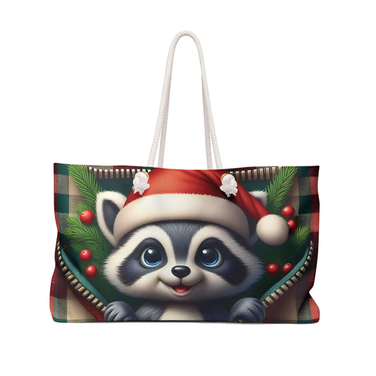 Personalised/Non-Personalised Weekender Bag, Cute Racoon, Christmas, Tartan, Large Weekender Bag, Beach Bag, Book Bag