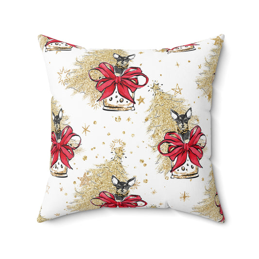 Spun Polyester Square Pillow, Doggie Gold Christmas Cushion