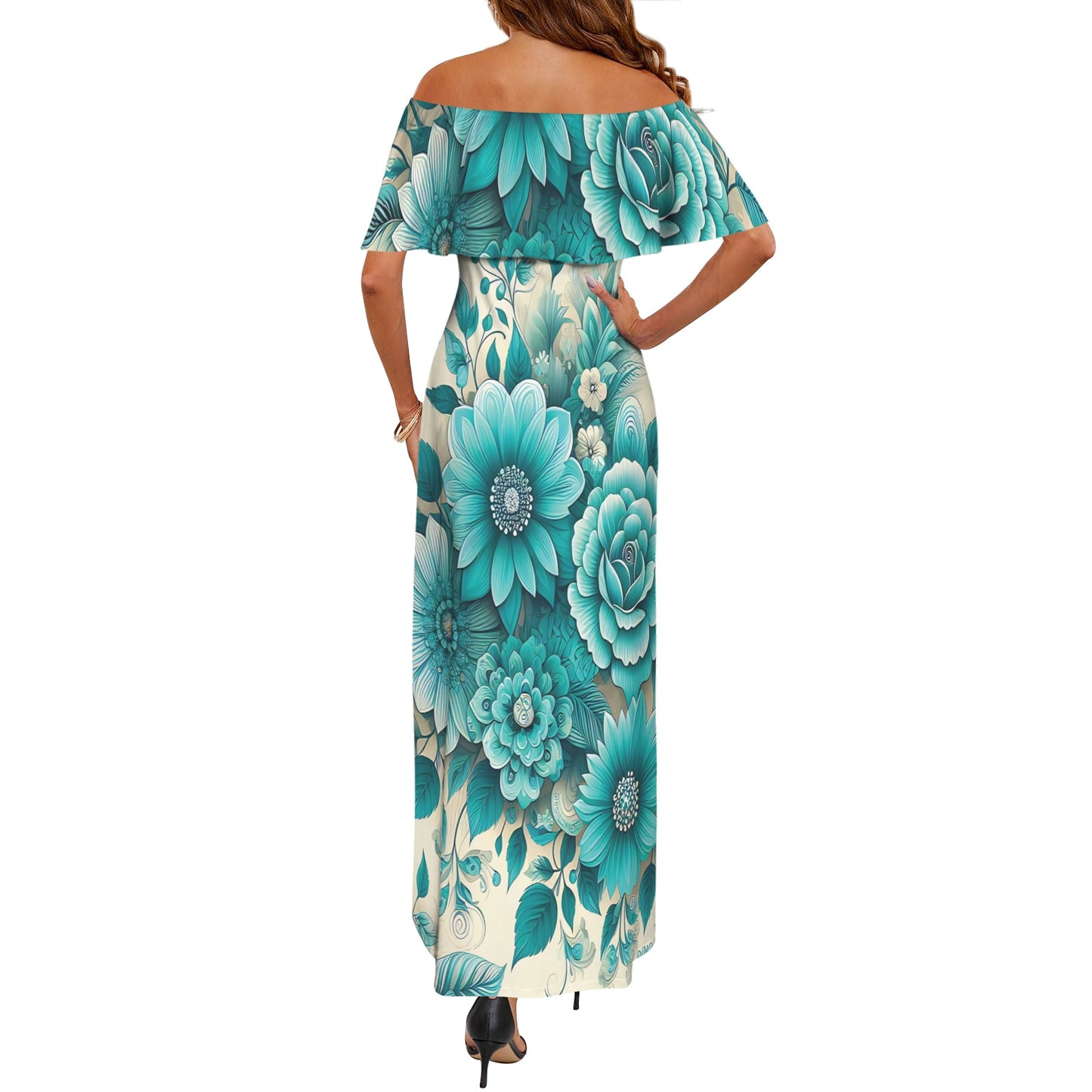 Green and Cream Vintage Floral awd437 Women's Off Shoulder Ruffle Boat Neck Dress (Model D71)