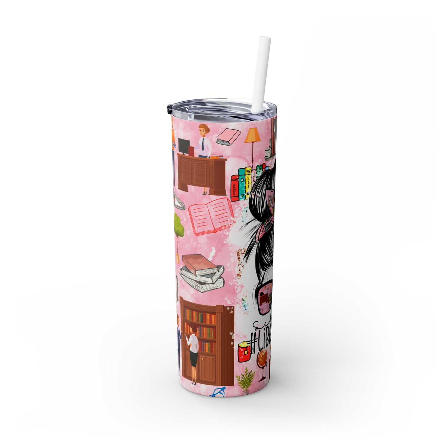 Skinny Tumbler with Straw, 20oz,  School Librarian