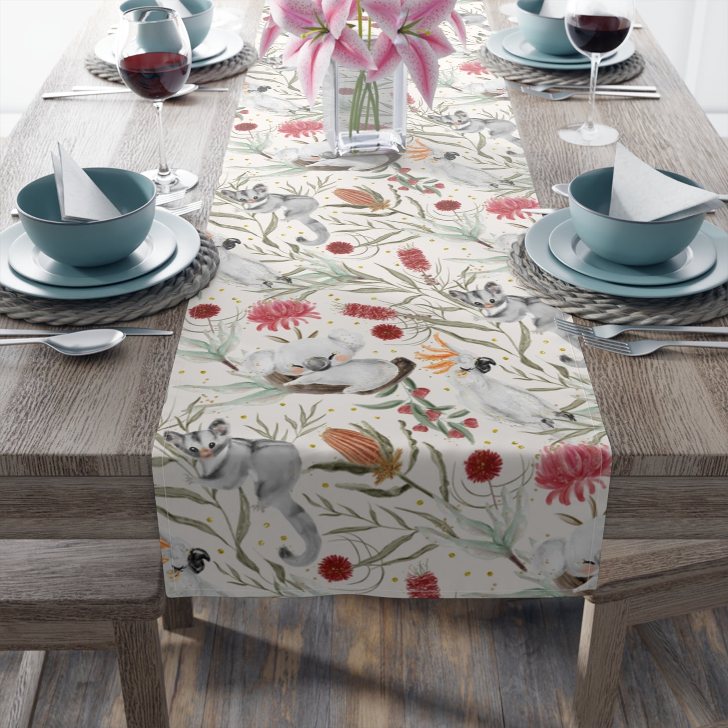 Australian Animals and Australian Floral Table Runner, Cotton Twill and Poly Available