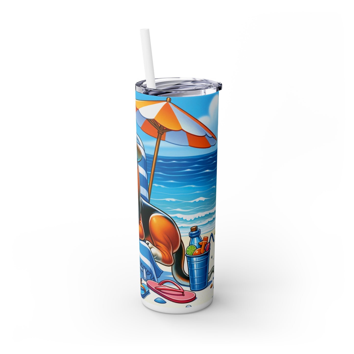 Skinny Tumbler with Straw, 20oz, Dog on Beach, Bloodhound, awd-1106