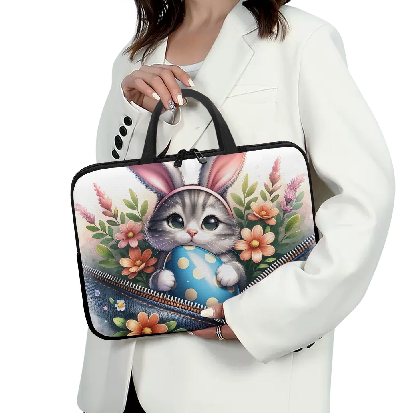 Laptop Sleeve with handles - Easter - Cat with Bunny Ears