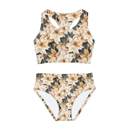 Girls Two Piece Swimsuit Cream Poinsettia