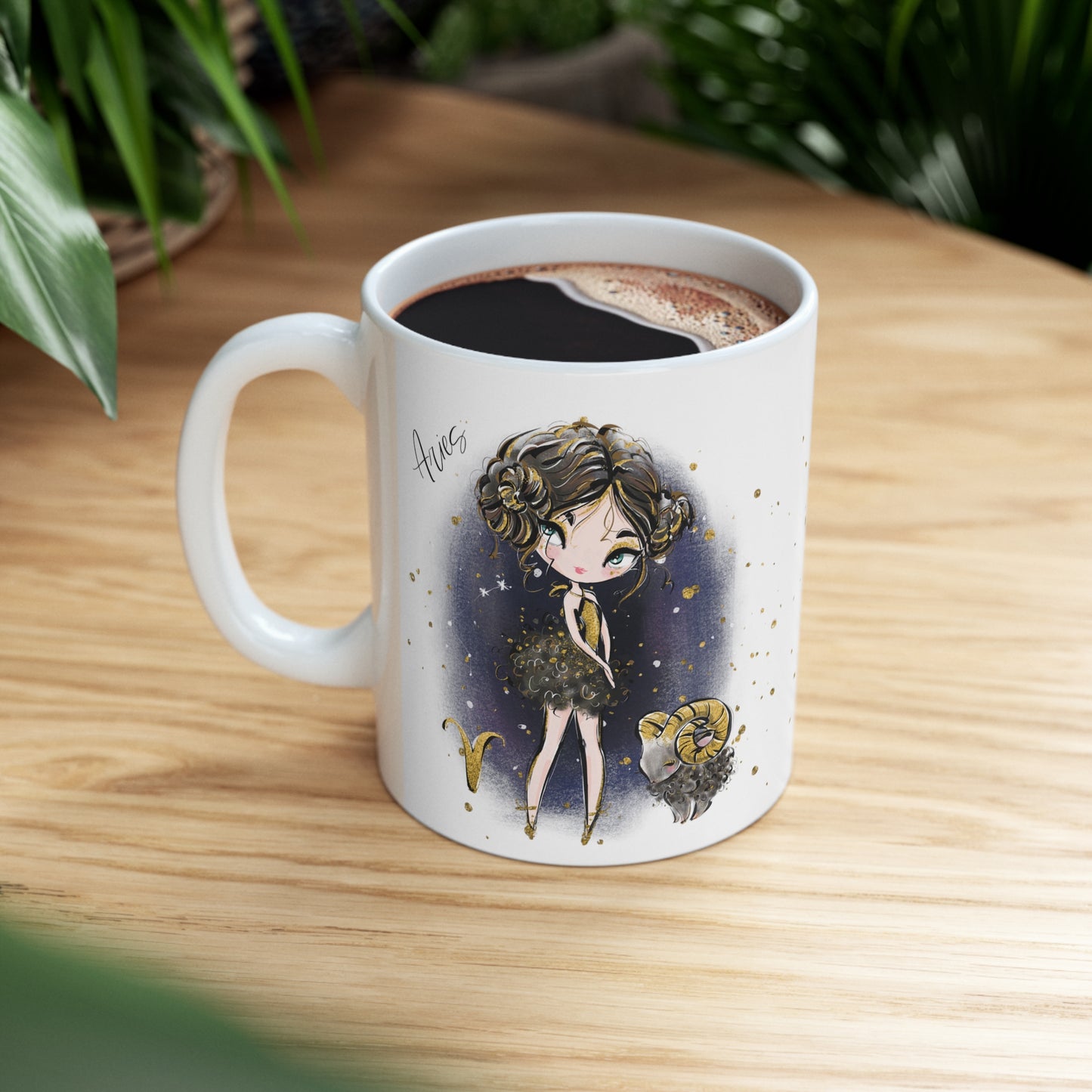 Personalised/Non Personalised Zodiac Sign, Aries, Ceramic Mug 11oz Brunette Hair - Olive Skin - Blue Eyes - Bg