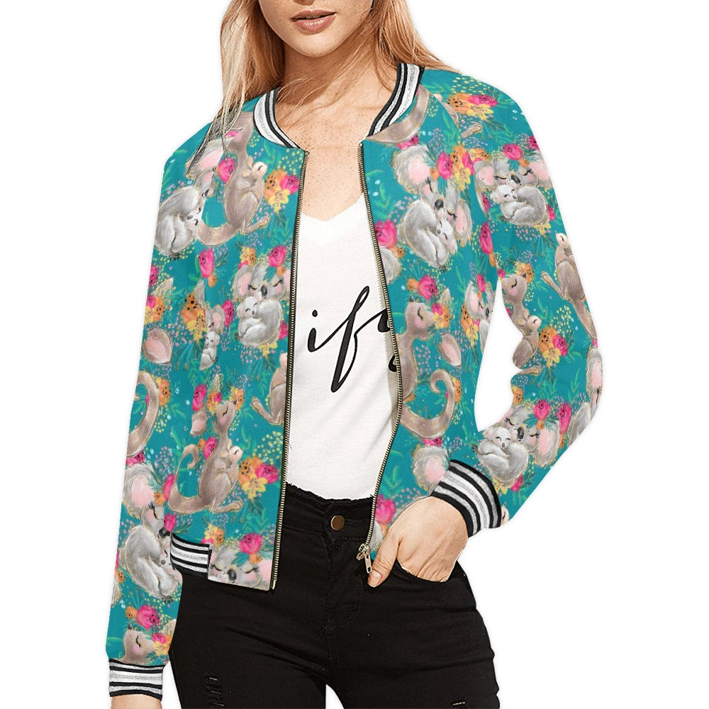 Australian Animals Koala and Kangaroo Green Bomber Jacket for Women