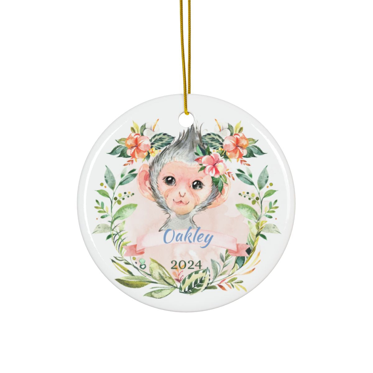 Personalized Monkey Ornament, Cute Animal Ceramic Keepsake, Baby's First Christmas Gift, Nursery Decor, Custom Name Decoration