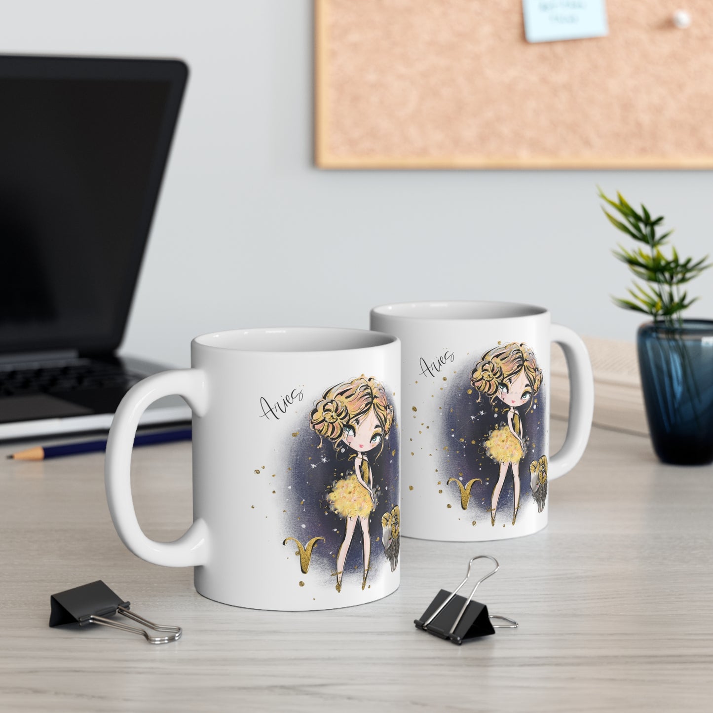 Personalised/Non Personalised Zodiac Sign, Aries, Ceramic Mug 11oz Blonde Hair - Blue Eyes - Bg