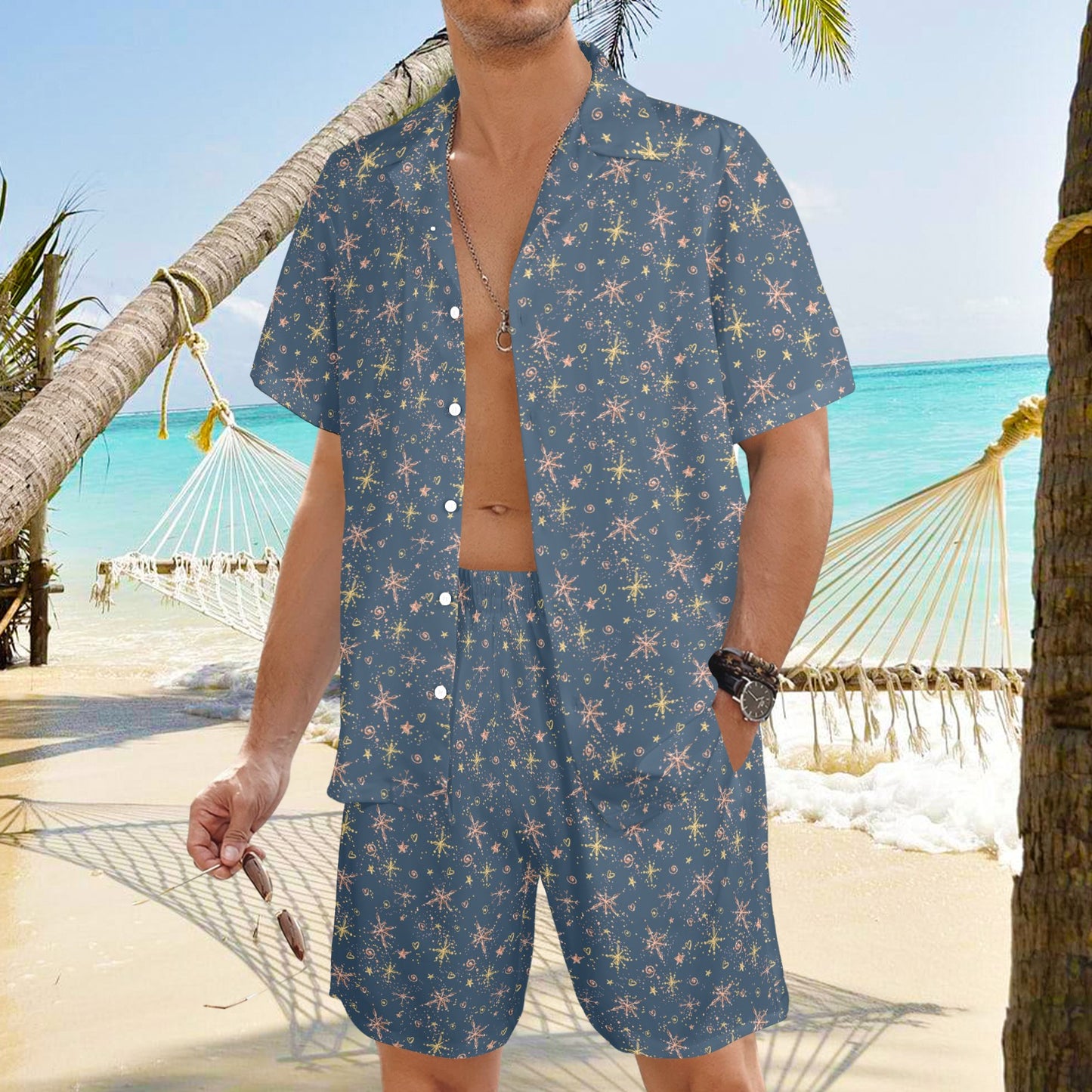 Mens Shirt & Shorts Set Blue Christmas Men's Shirt and Shorts Outfit (Set26)