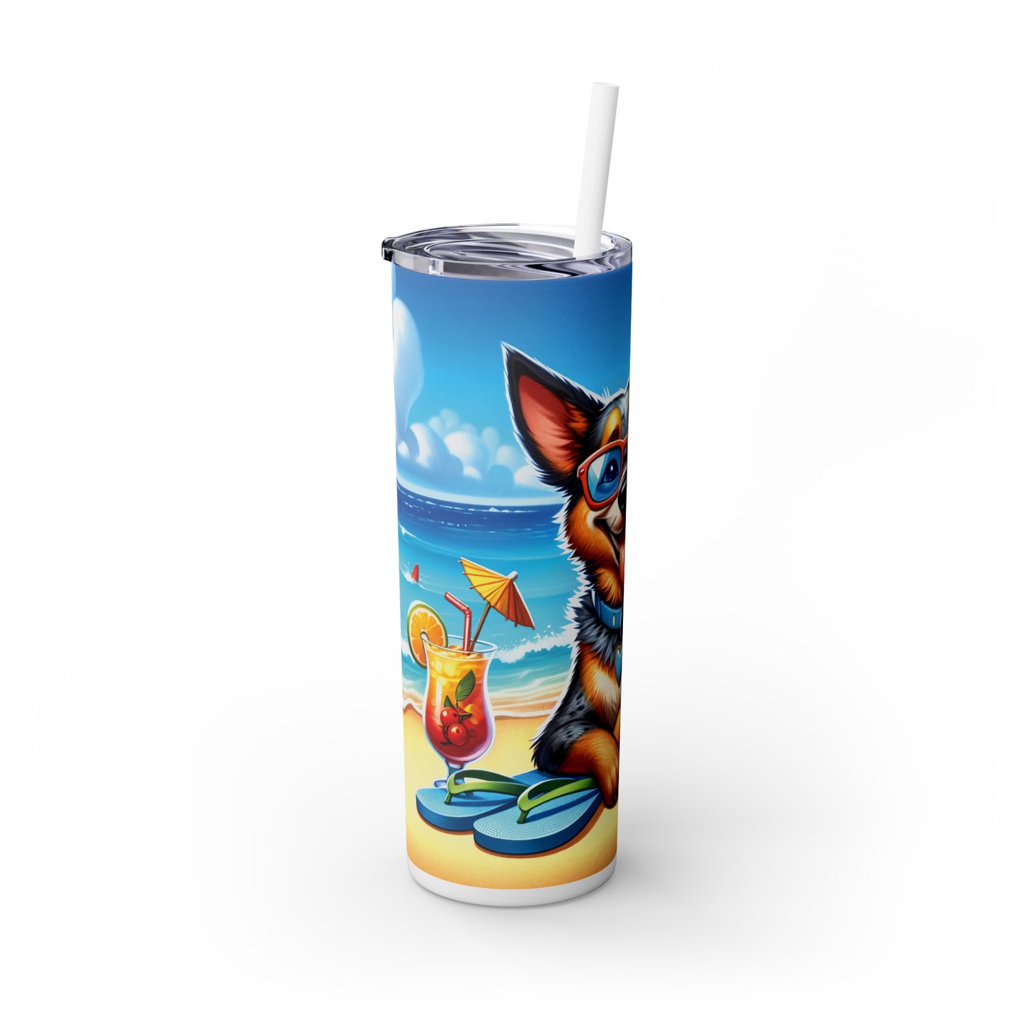 Skinny Tumbler with Straw, 20oz, Dog on Beach, Australian Cattle Dog, awd-1114