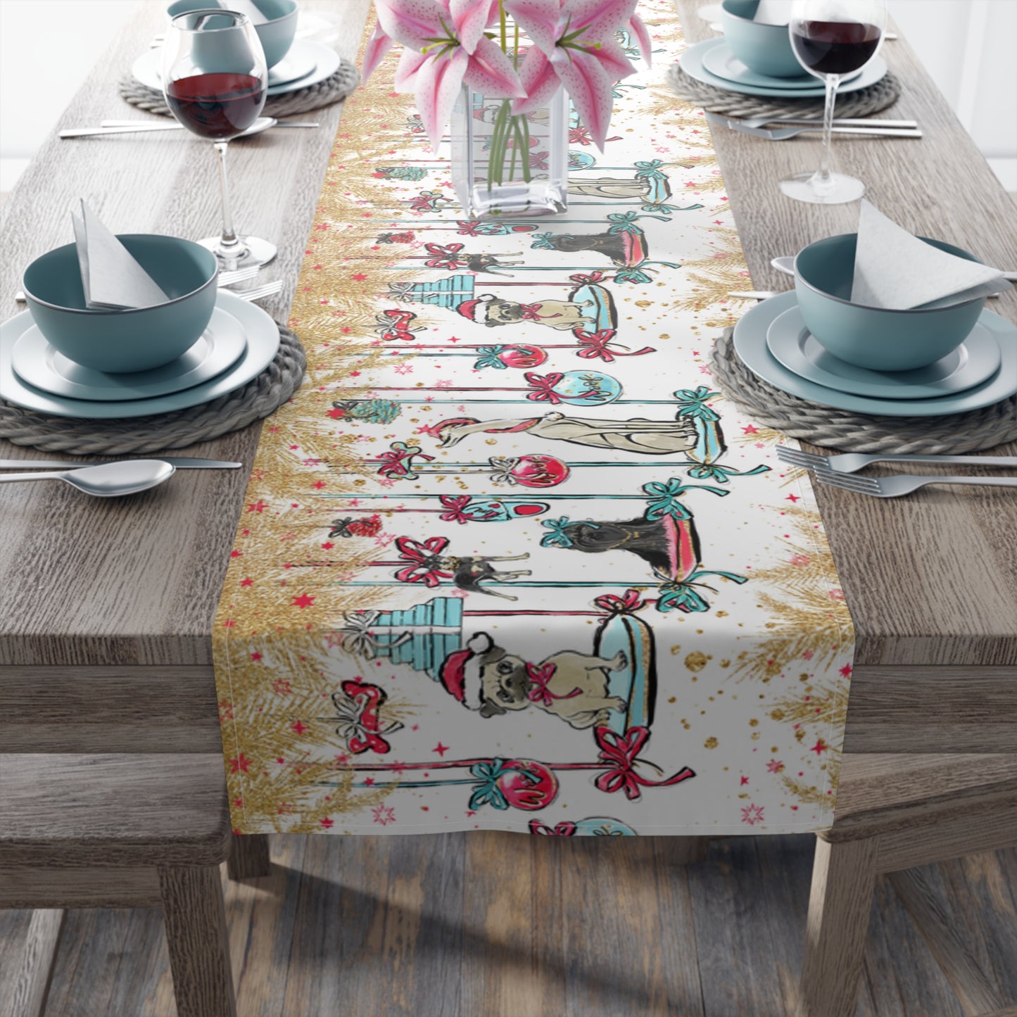 Doggie Christmas Table Runner, Cotton Twill and Poly Available