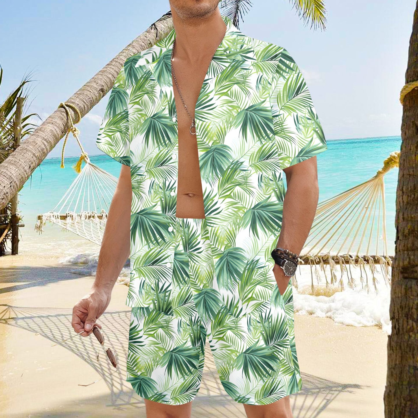 Men's Shirt & Shorts Set Palm Leaves Green Men's Shirt and Shorts Outfit (Set26)