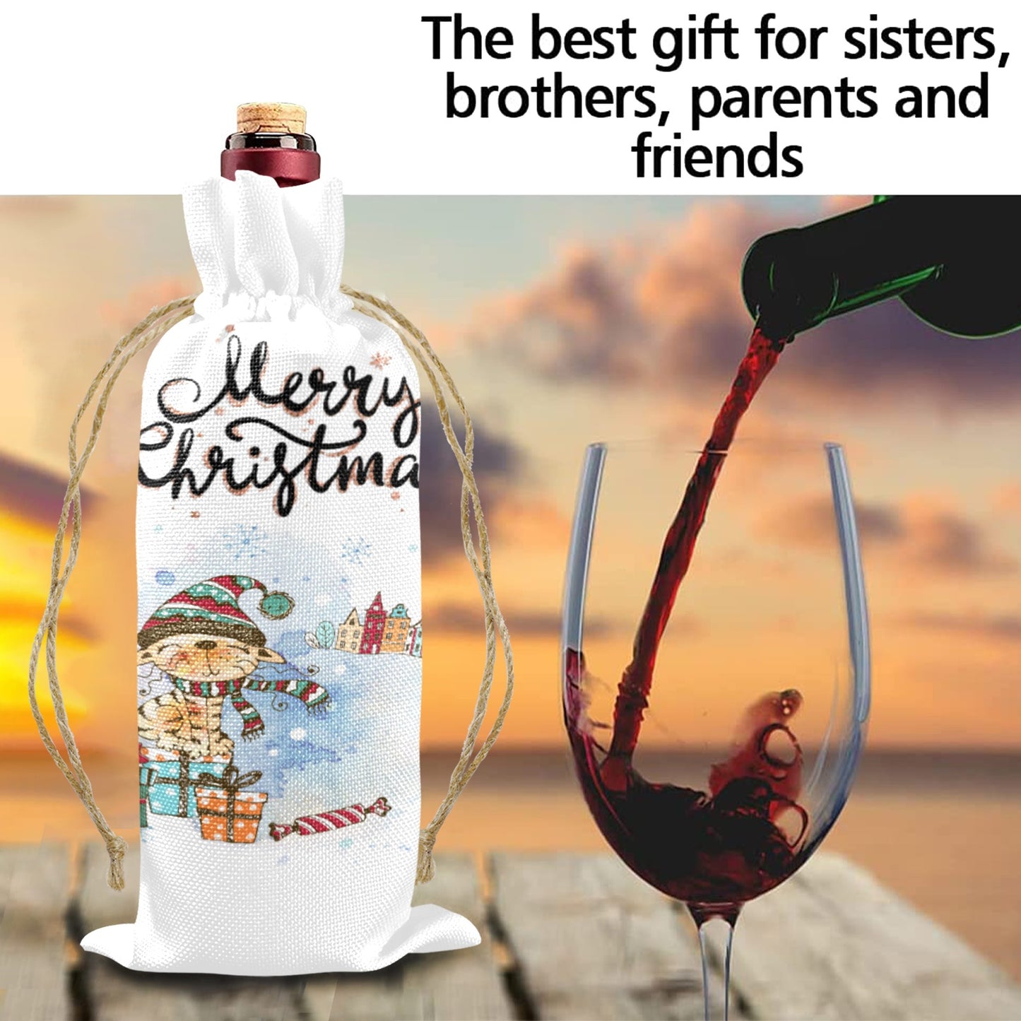 Merry-Xmas Cat Whimsical Christmas Linen Wine Bottle Bag