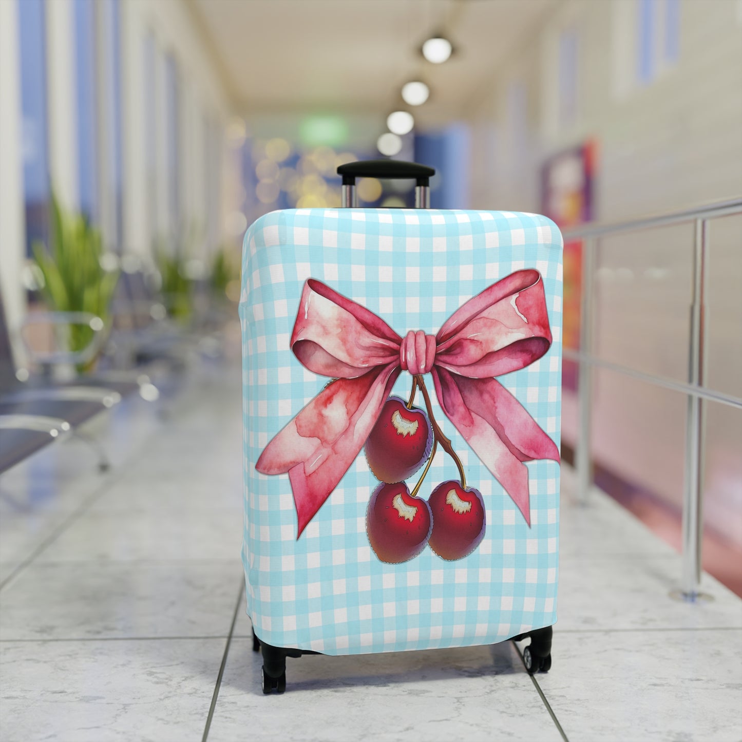 Luggage Cover, Rockabilly, Coquette, Pastel Blue Gingham, Cherries and Ribbon, awd-2513