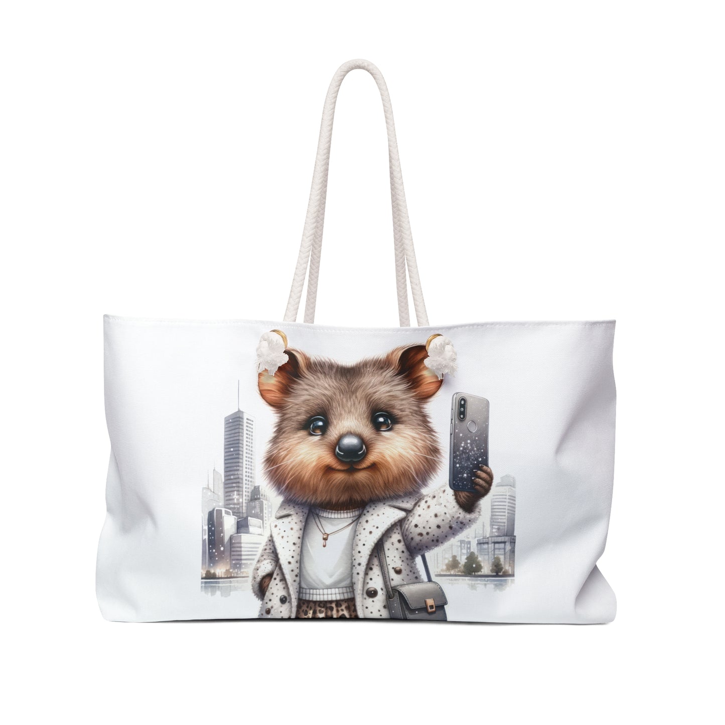 Personalised/Non-Personalised Weekender Bag, Australian Animals, Quokka, Travelling taking a Selfie, Large Weekender Bag, Beach Bag, Book Bag