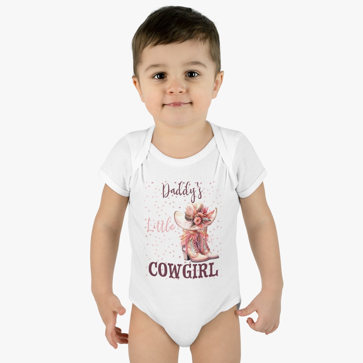 Infant Baby Rib Bodysuit, Daddy's Little Cowgirl baby Bodysuit, Pink Diamonds, Pink Cowboy Boots