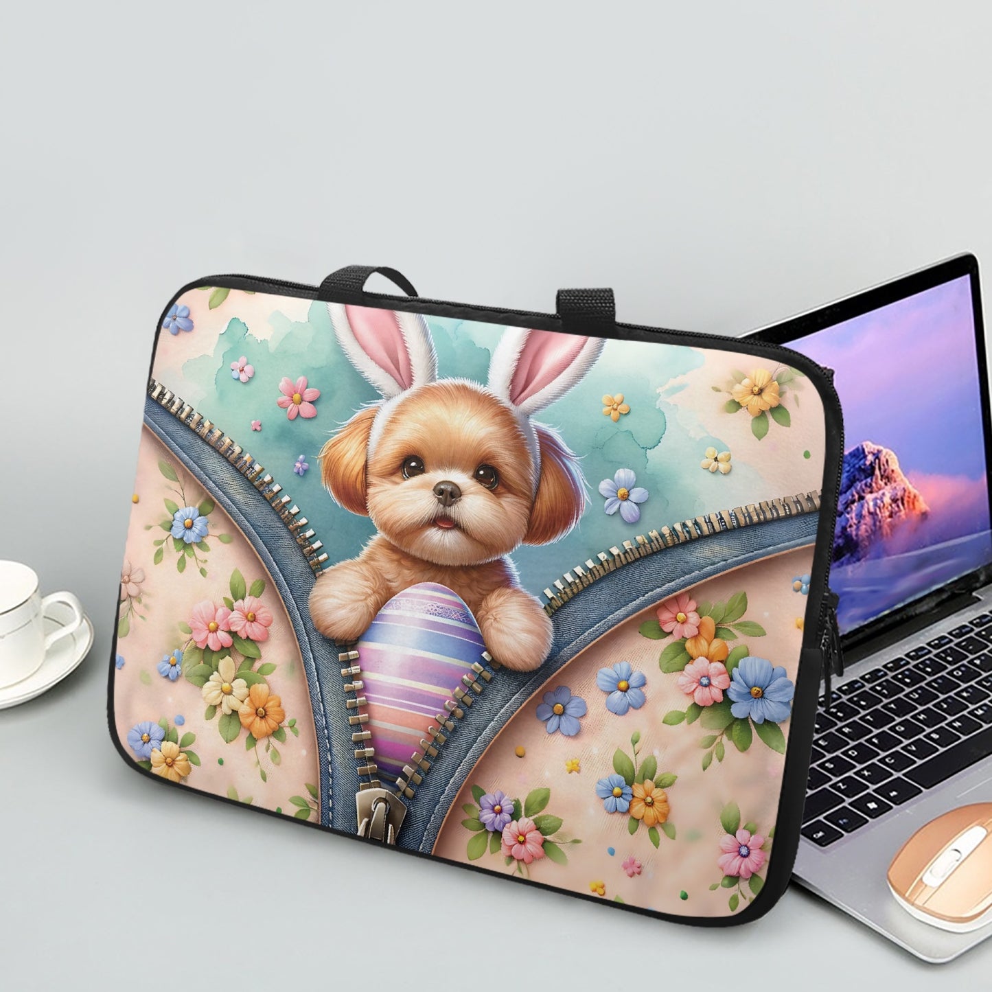 Laptop Sleeve with Handles - Easter - Dog with Bunny Ears