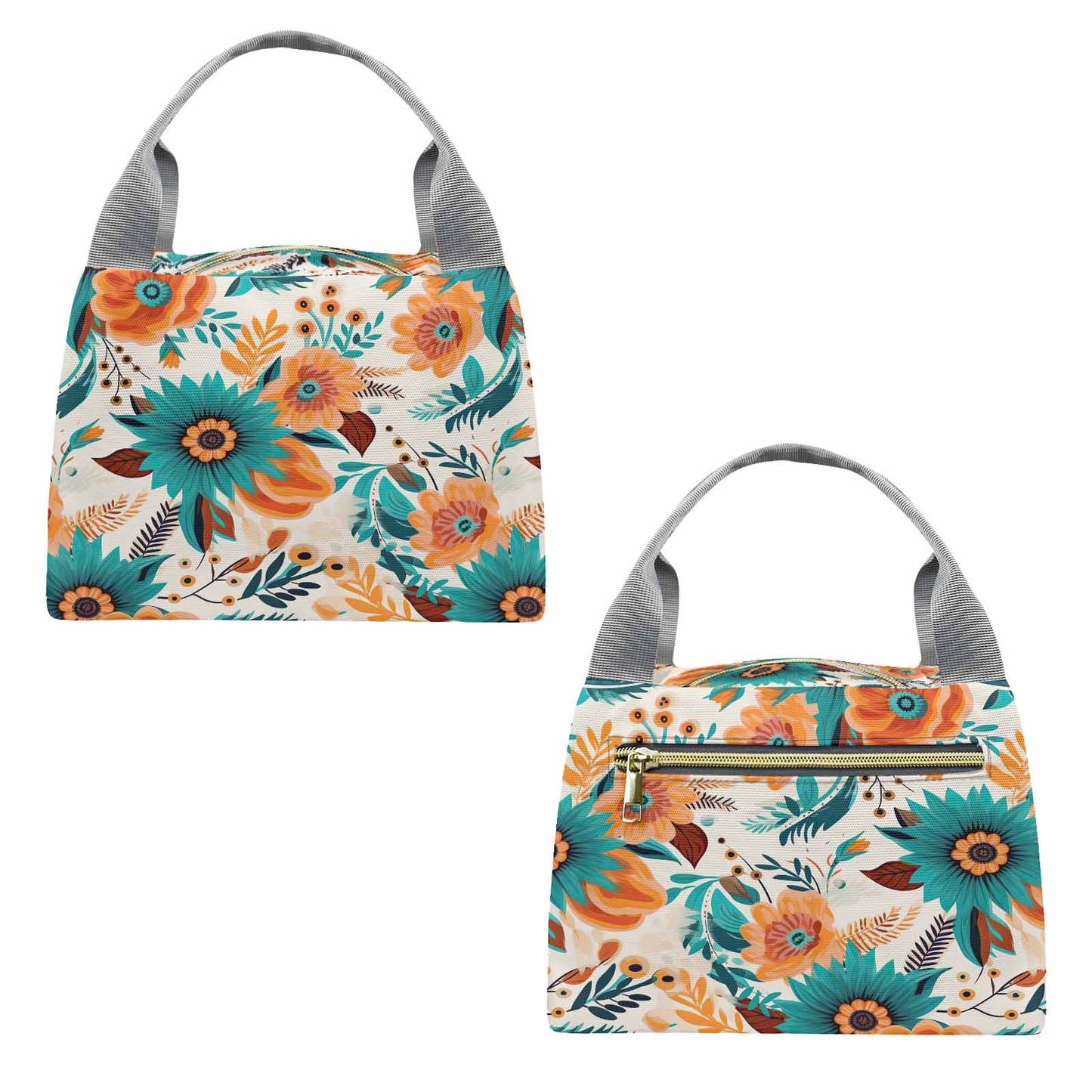 Boho Retro Floral  Portable Lunch Bag-Grey Handle