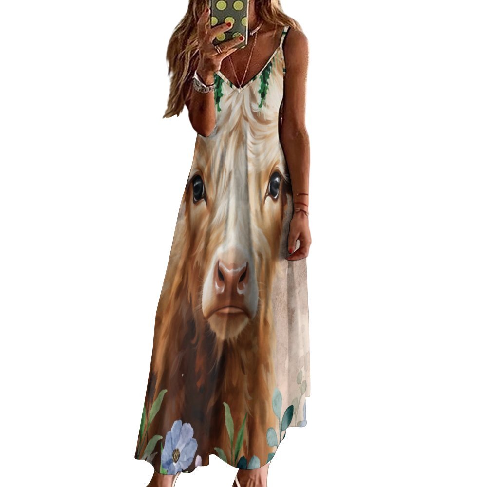 Highland Cow Spaghetti Strap Ankle-Length Dress Long dress