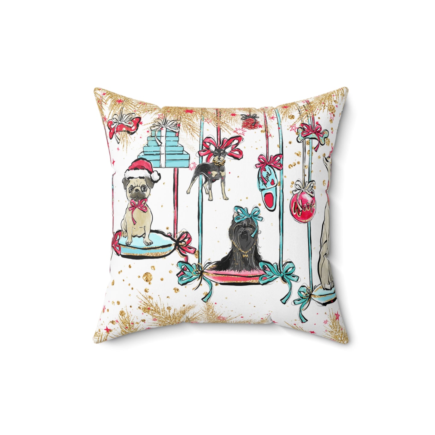 Spun Polyester Square Pillow, Doggie Ornaments Christmas Cushion