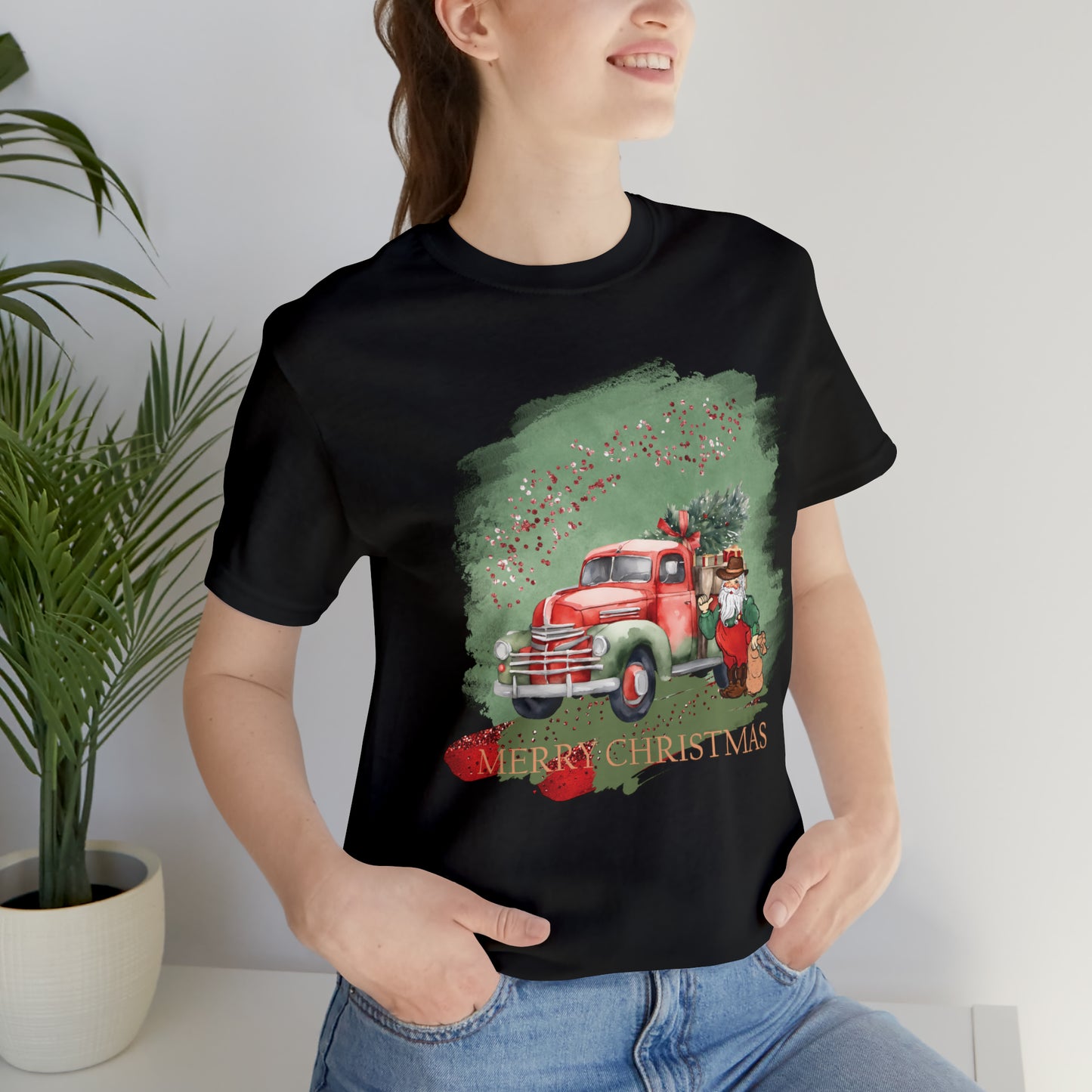 Unisex Adults Jersey Short Sleeve Tee Sage Christmas, Santa, Country Truck, Christmas TShirt, Country Christmas, Western Chrismas