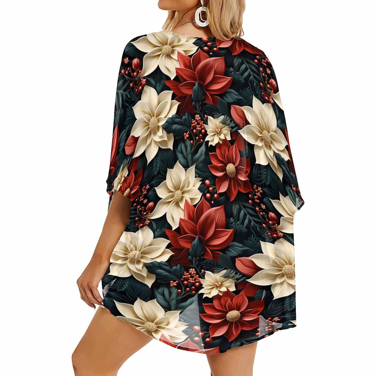 Red Poinsettia Women's Kimono Chiffon Cover Up