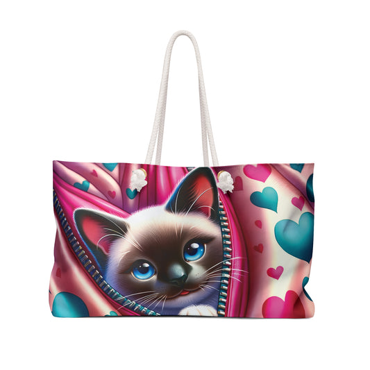 Personalised/Non-Personalised Weekender Bag, Cute Cat, Valentines Day, Large Weekender Bag, Beach Bag, Book Bag