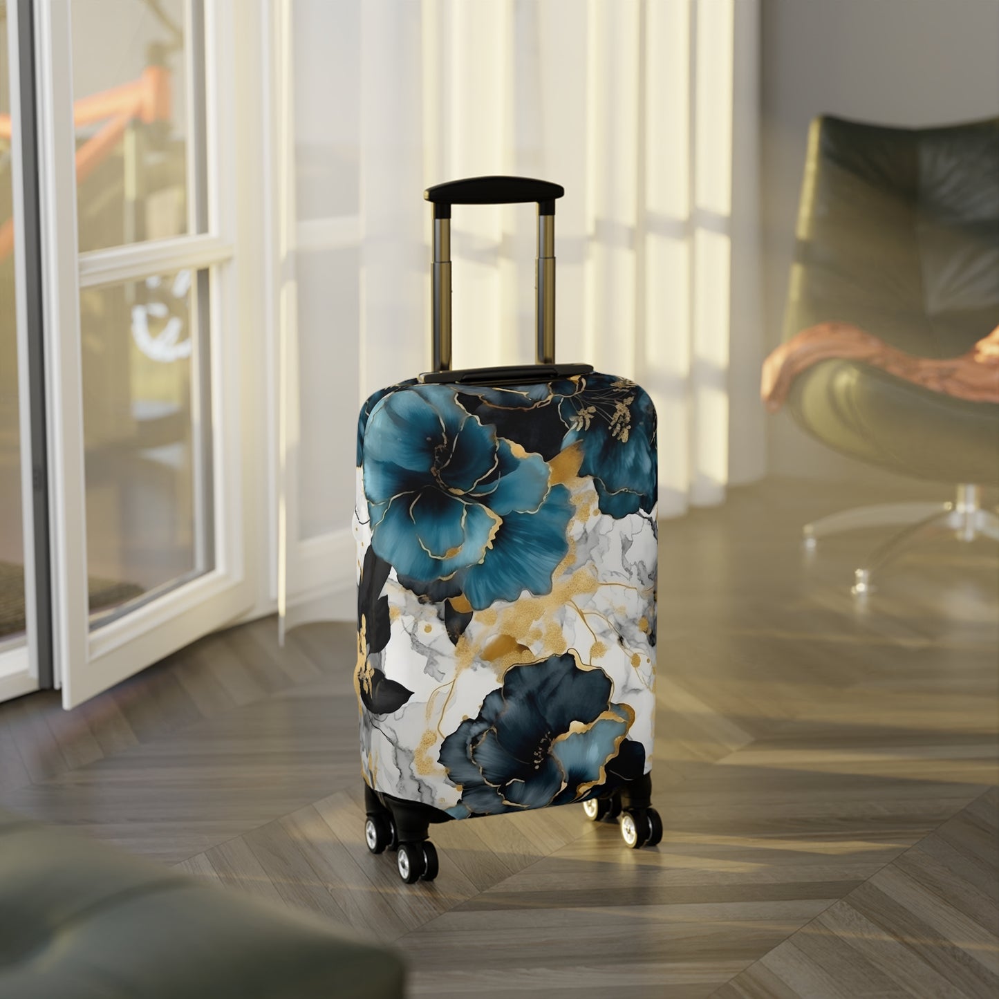 Luggage Cover, Alcohol Ink Black, Blue and Gold Floral