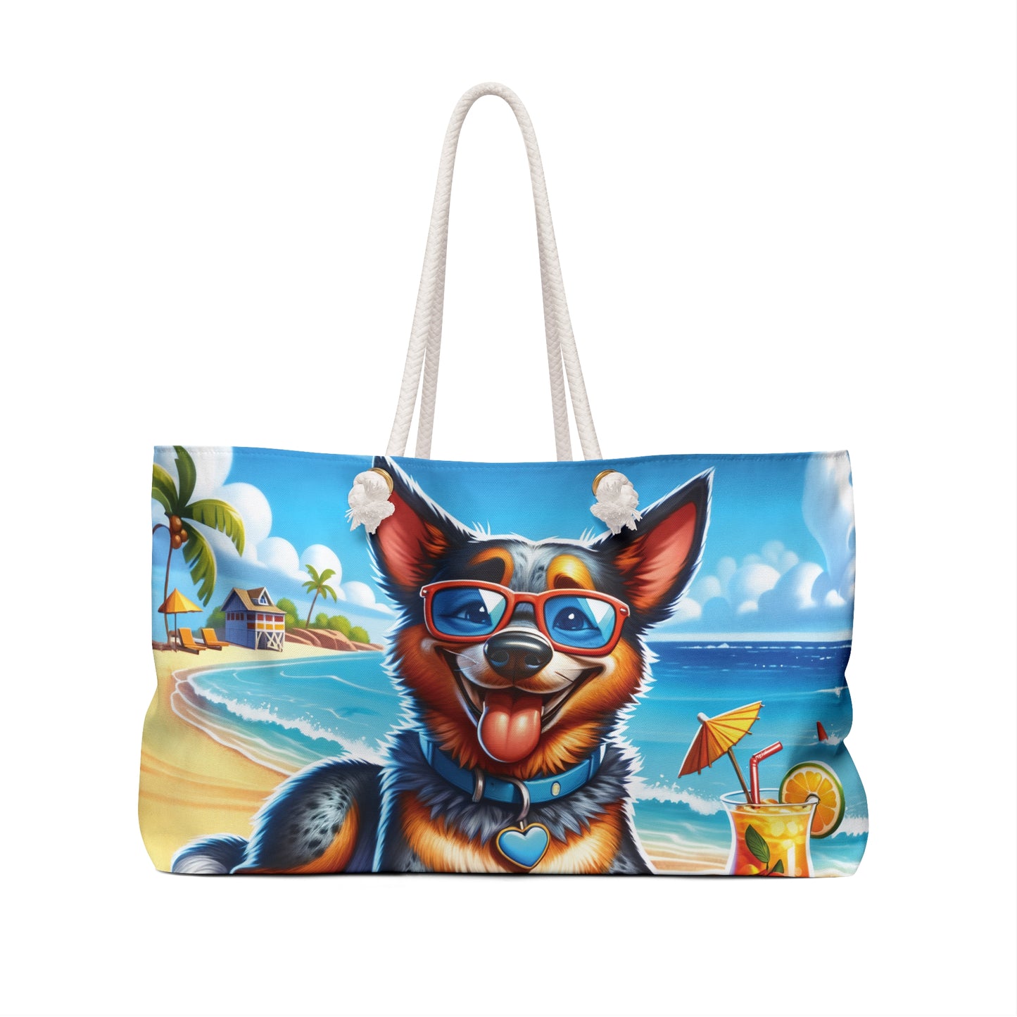 Personalised/Non-Personalised Weekender Bag, Summer Beach Dog, Australian Cattle Dog, Blue Heeler, Large Weekender Bag, Beach Bag, Book Bag