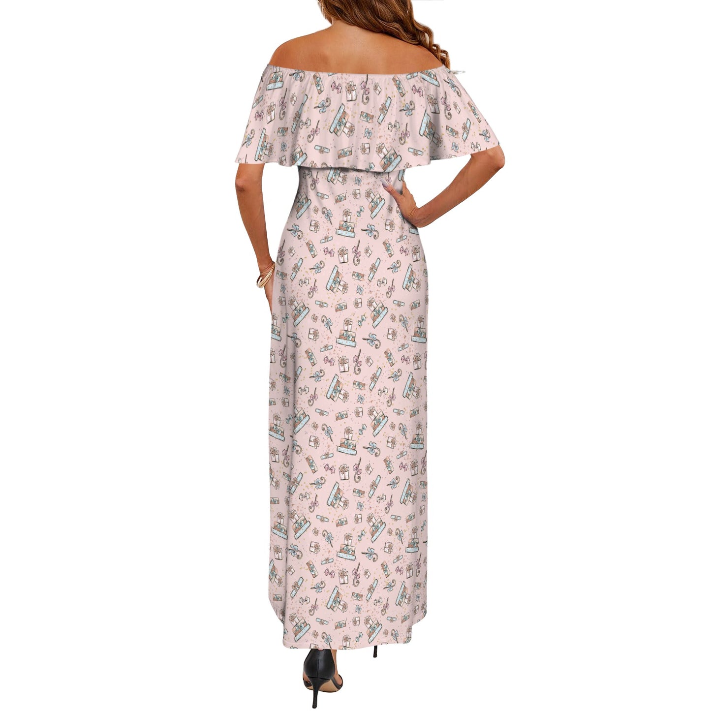 Pink Christmas presents 50 Women's Off Shoulder Ruffle Boat Neck Dress (Model D71)