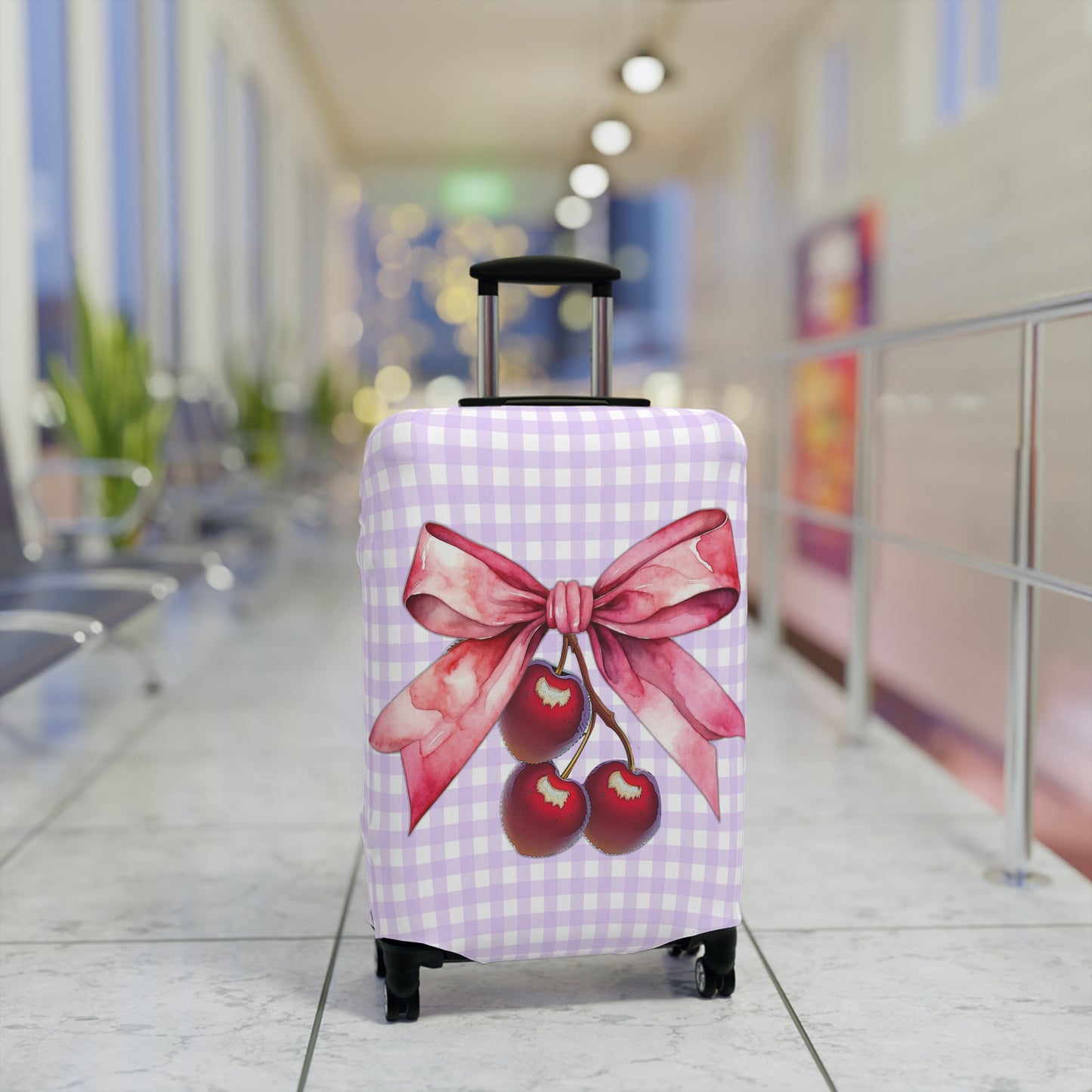 Luggage Cover, Rockabilly, Coquette, Pastel Purple Gingham, Cherries and Ribbon, awd-2512